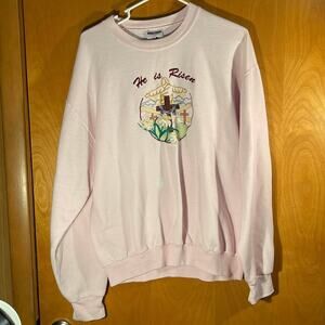 Vintage Jerzees He‎ is Risen Jesus Christ Cross Sweater Sweatshirt Pink Medium
